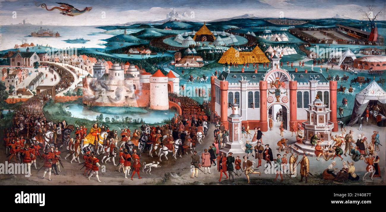 Das Feld des Tuches aus Gold von unbekanntem Künstler, um 1545. Das Field of the Cloth of Gold (französisch Camp du Drap d’Or) war ein Gipfeltreffen zwischen König Heinrich VIII. Von England und König Franz I. von Frankreich vom 7. Bis 24. Juni 1520 in Balinghem, zwischen Ardres in Frankreich und Guînes im englischen Pale von Calais Stockfoto