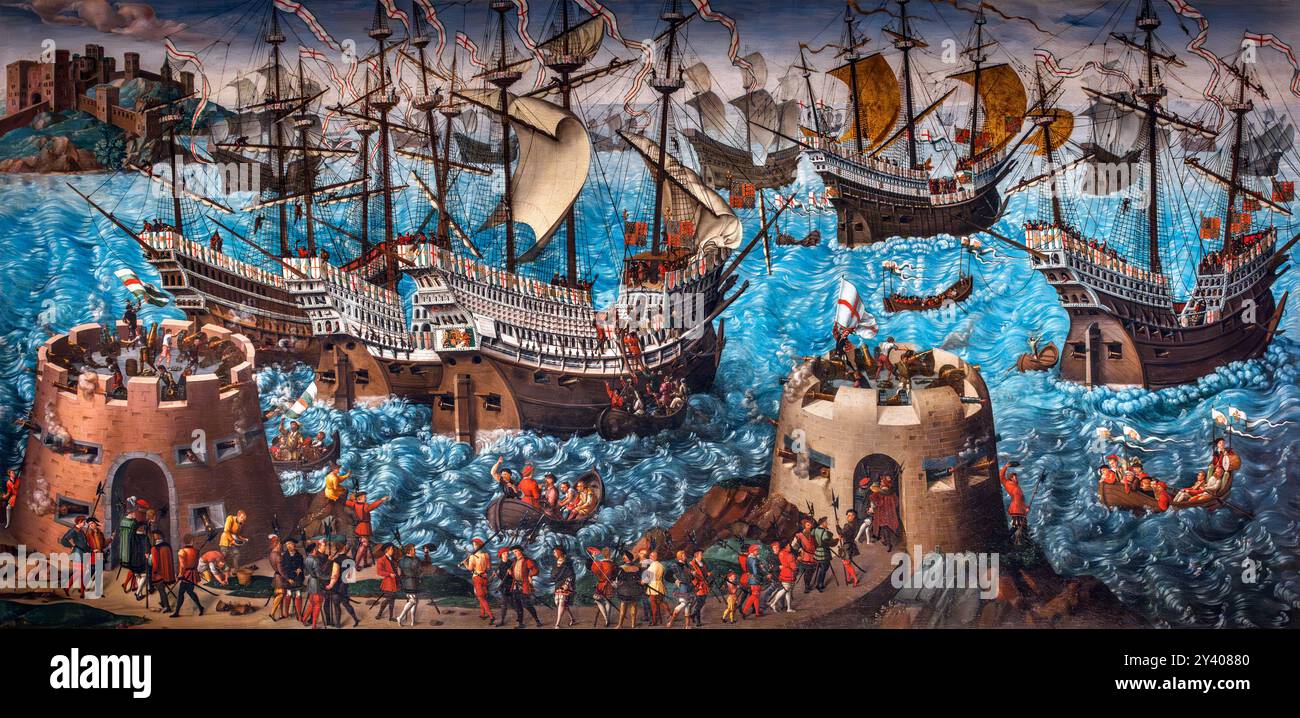 Die Einschiffung von Dover durch unbekannte Künstler, um 1545. Das Gemälde zeigt die Einschiffung Heinrichs VIII. Und seines Hofes für das Feld des Tuches des Goldes (französisch Camp du Drap d’Or) im Jahr 1520. Das Feld des Tuchs des Goldes war ein Gipfeltreffen zwischen König Heinrich VIII. Von England und König Franz I. von Frankreich vom 7. Bis 24. Juni 1520 in Balinghem, zwischen Ardres in Frankreich und Guînes im englischen Pale von Calais Stockfoto