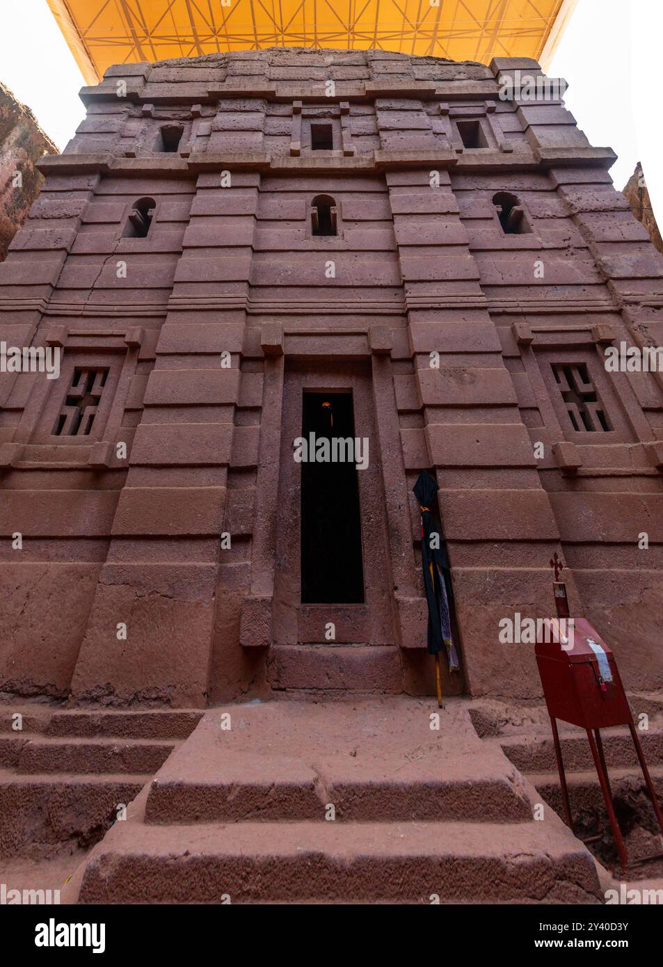 Besuchen Sie die felsengehauene monolithische ortodoxe Kirche Biete Amanuel, Lalibela, Region Amhara, Äthiopien. Stockfoto