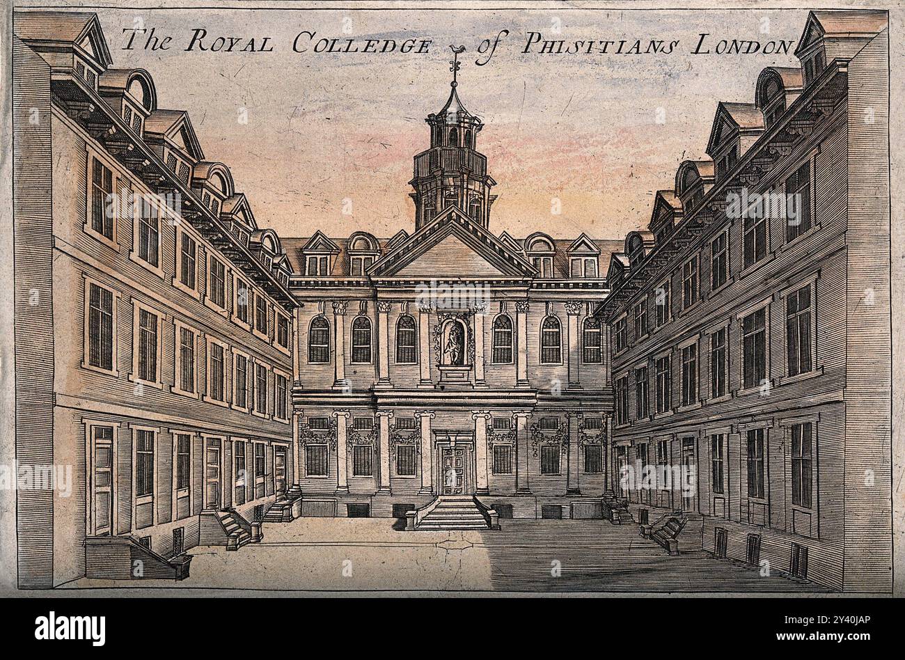 Der Innenhof des Royal College of Physicians in London besticht durch seine elegante Architektur mit einem zentralen Gebäude und umliegenden Flügeln. Die Gravur unterstreicht ihren historischen Charme. Stockfoto