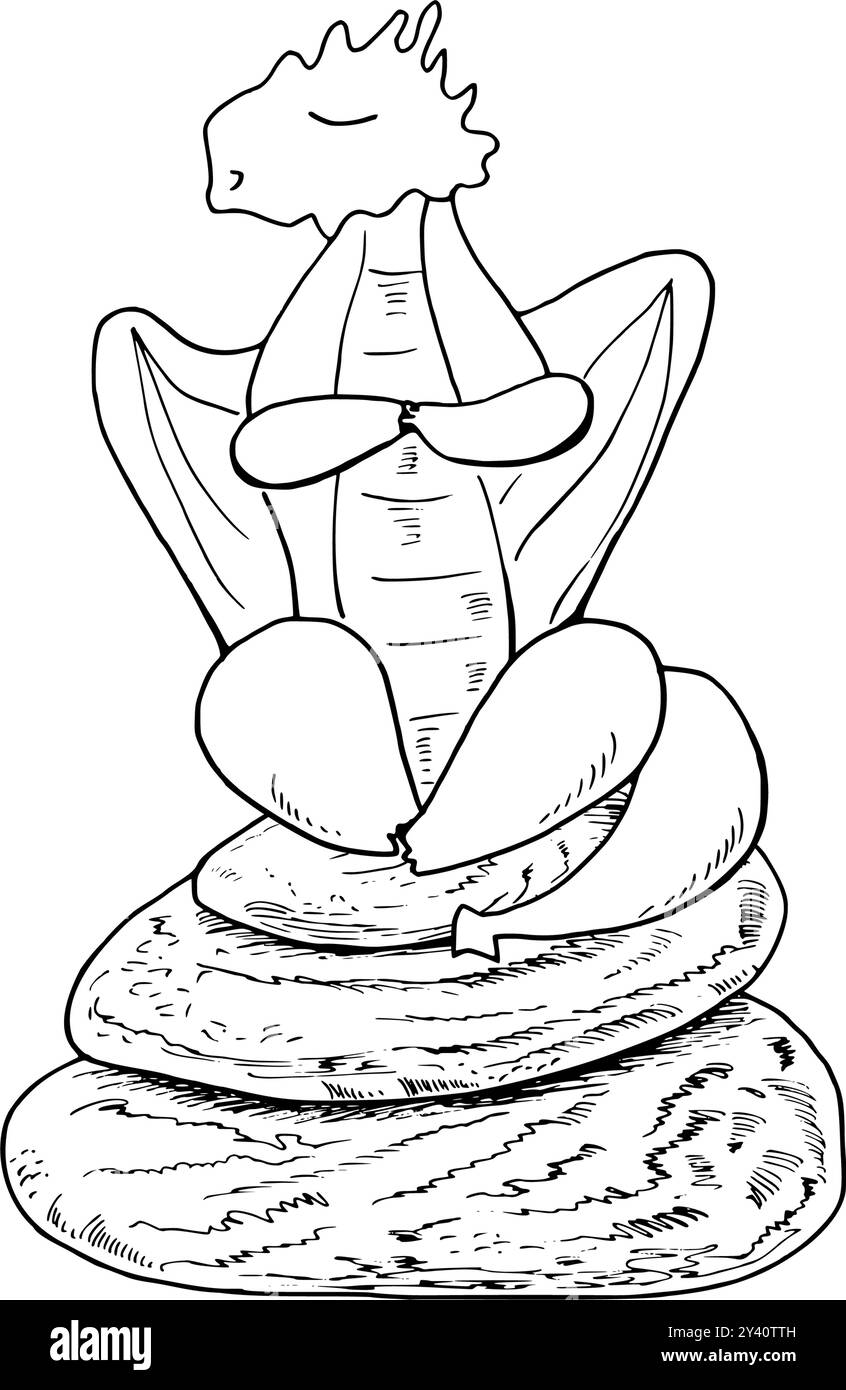 Monochromer Drache sitzt auf Stein Pyramidenvektor isolierte Illustration gemalt mit schwarzen Tinten. Tierübende Meditation im Naturätzzeichnen Stock Vektor