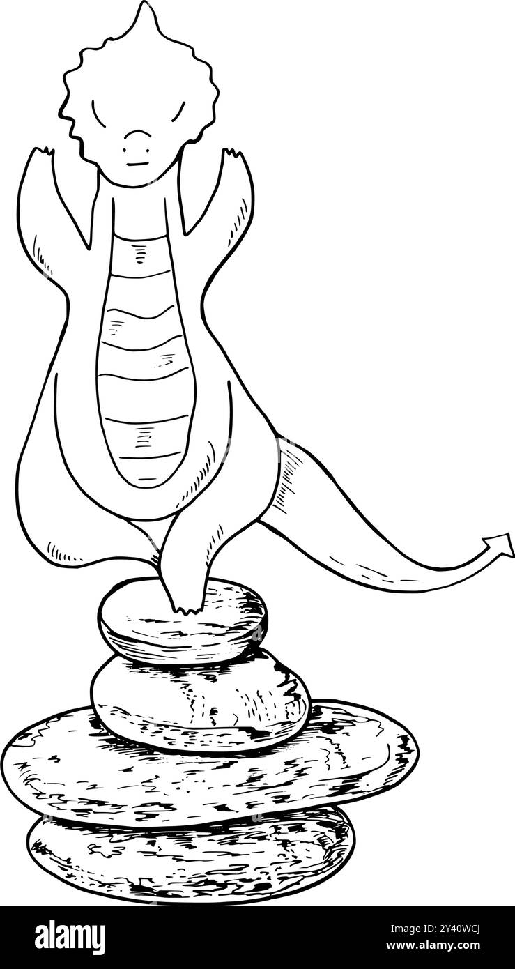 Meditierender Drache, der auf Balanciersteinen steht, Vektor-isolierte Illustration. Yoga-Übungen von Tieren unter Seesteinen Stock Vektor