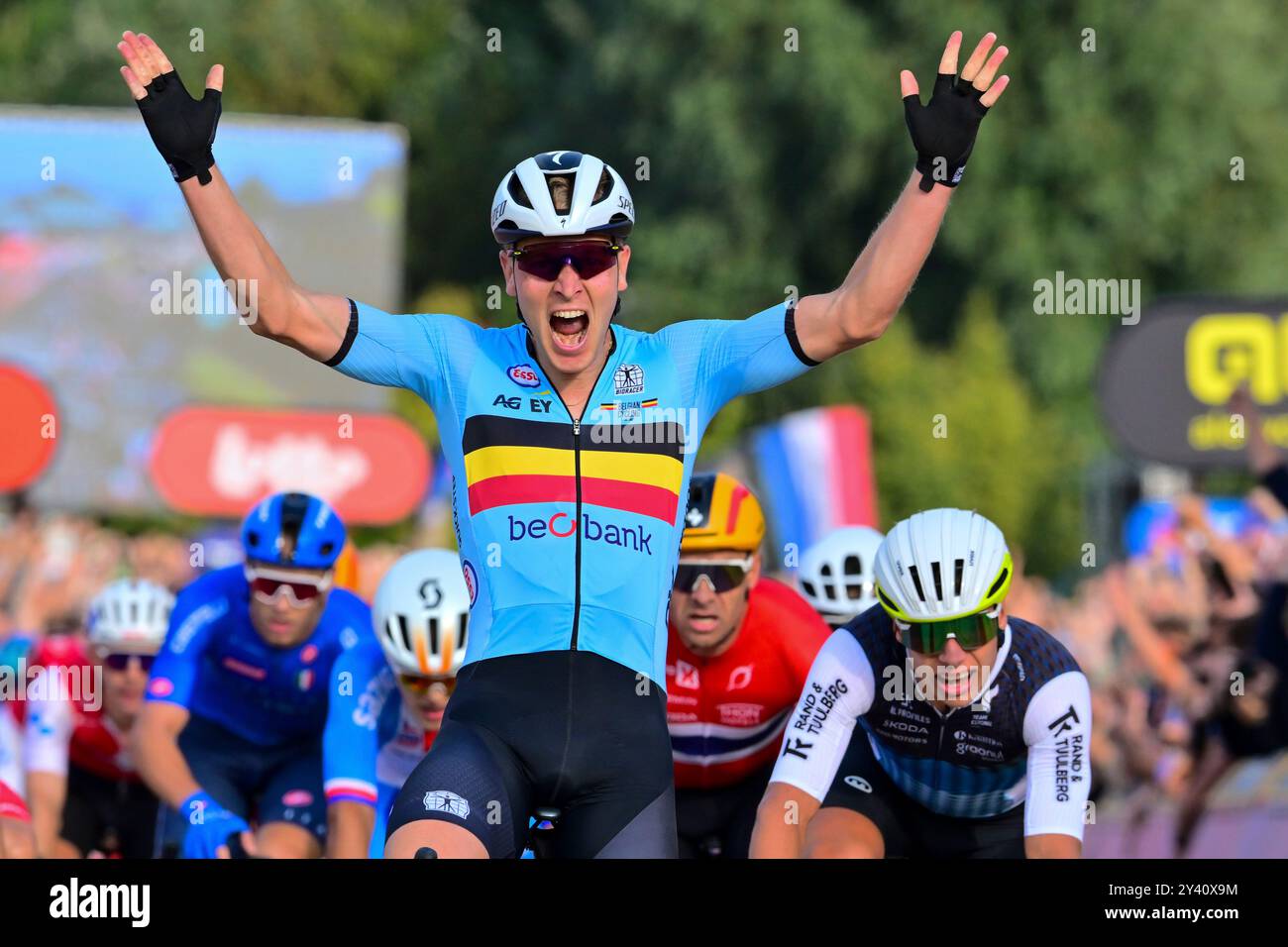 Tim MERLIER (Belgien) Elite Strassenrennen/Europameisterschaft Herren Elite Road Race von Heusden-Zolder nach Hasselt (129 km) am 15. September 2024. Die Radsport EM/Straßenradsport-Europameisterschaften 2024 (UEC Road Europameisterschaften 2024) der Union Européenne de Cyclisme von 11. bis 15. September 2024 in der belgischen Provinz Limburg. EuroRoad24, EuroRoad 2024. Stockfoto