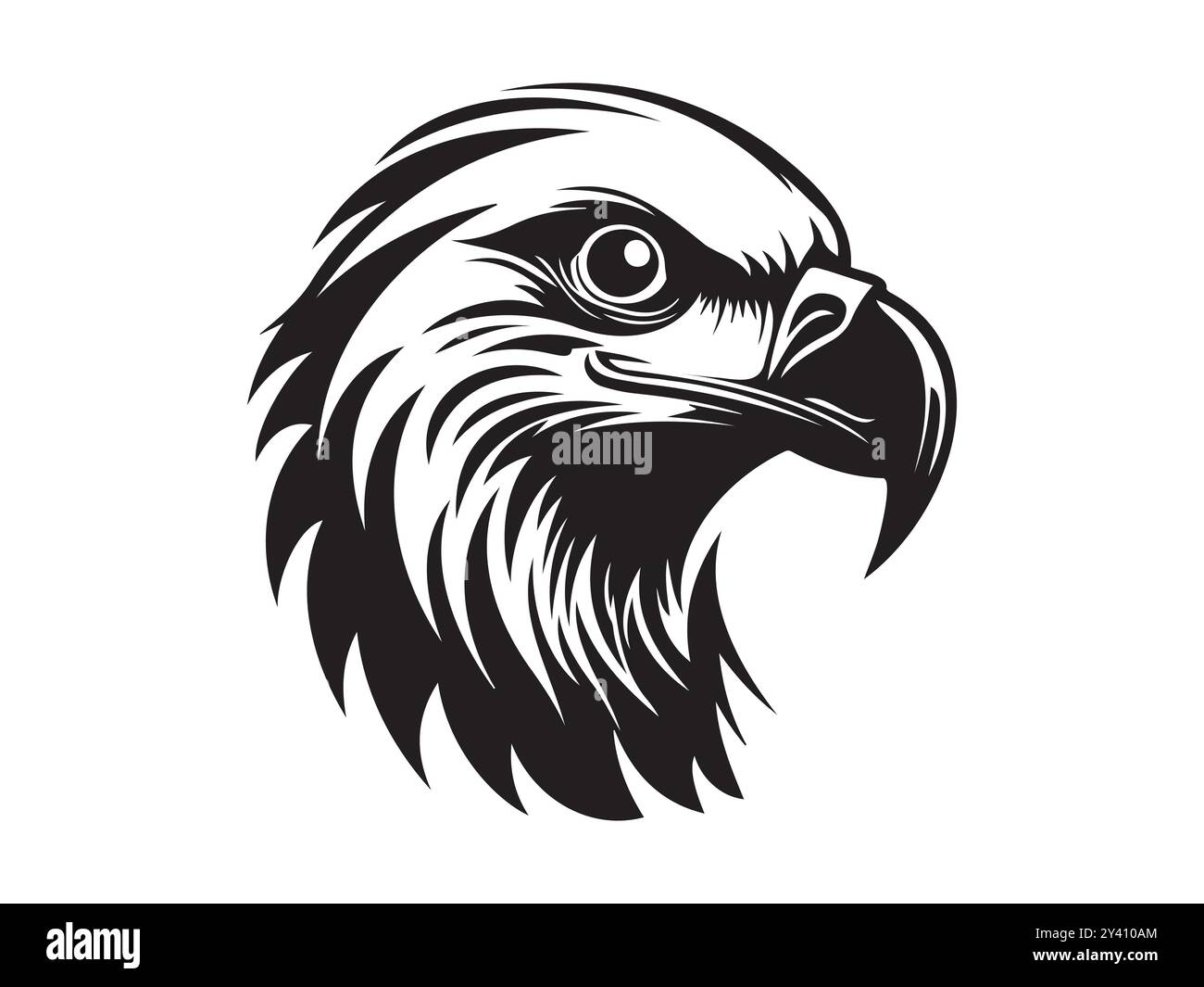 Schwarze Silhouette eines majestätischen Adlerkopfes isoliert auf weißem Hintergrund. Konzept der Vogelillustration, Wildlife Art, minimalistischer Stil, hoch aufragender Adler. Stock Vektor