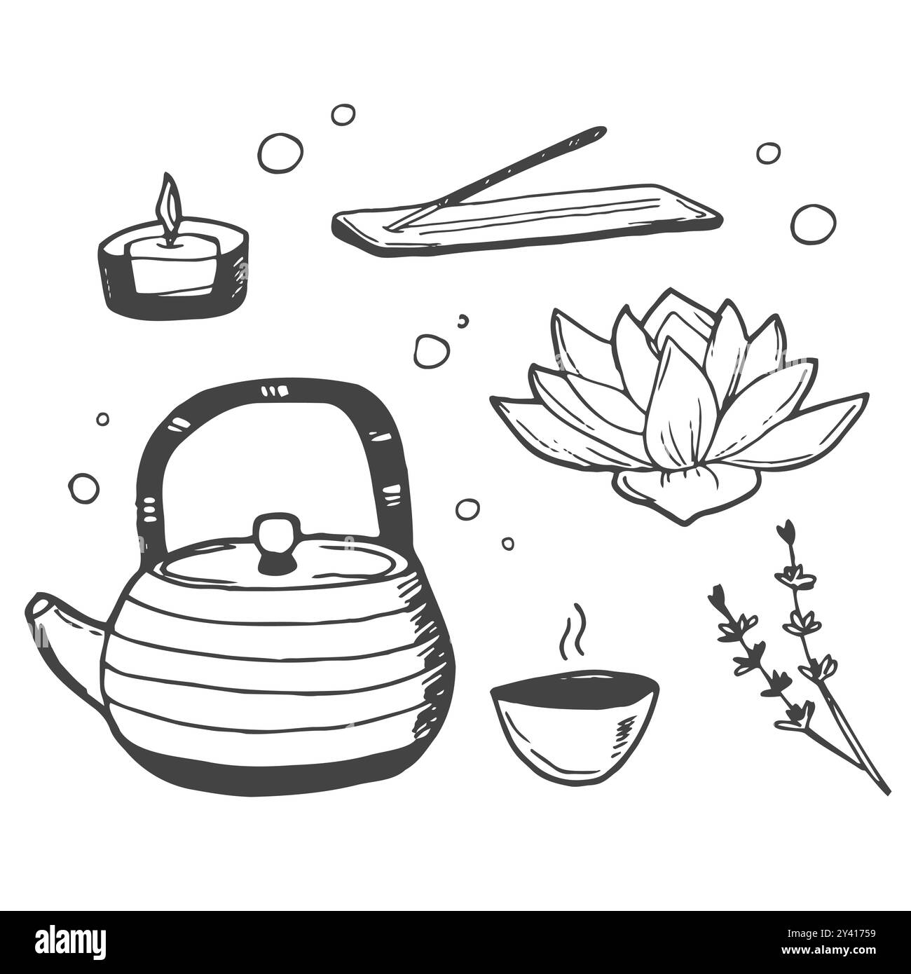 Icon Set Wellness, Spa, Meditation, mit Lotusblume, Kerzen, Handtücher, buddha Badesalz Blätter und Blumen Stock Vektor