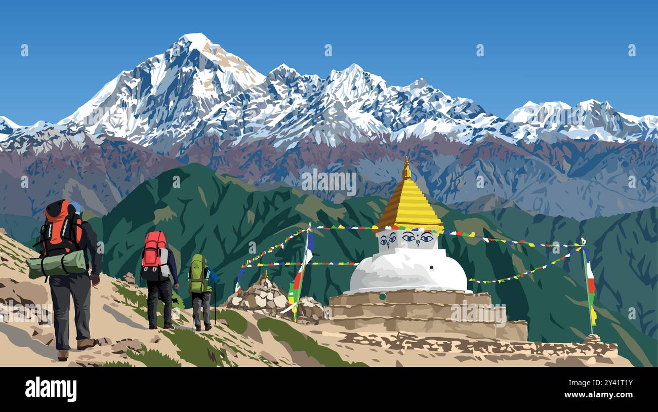 Berg Dhaulagiri Gipfel und buddhistische Stupa oder Chorten mit Gebetsfahnen und drei Wanderer Kletterer Reisende Touristen oder Bergsteiger, Buddhismus in Nepal Stock Vektor