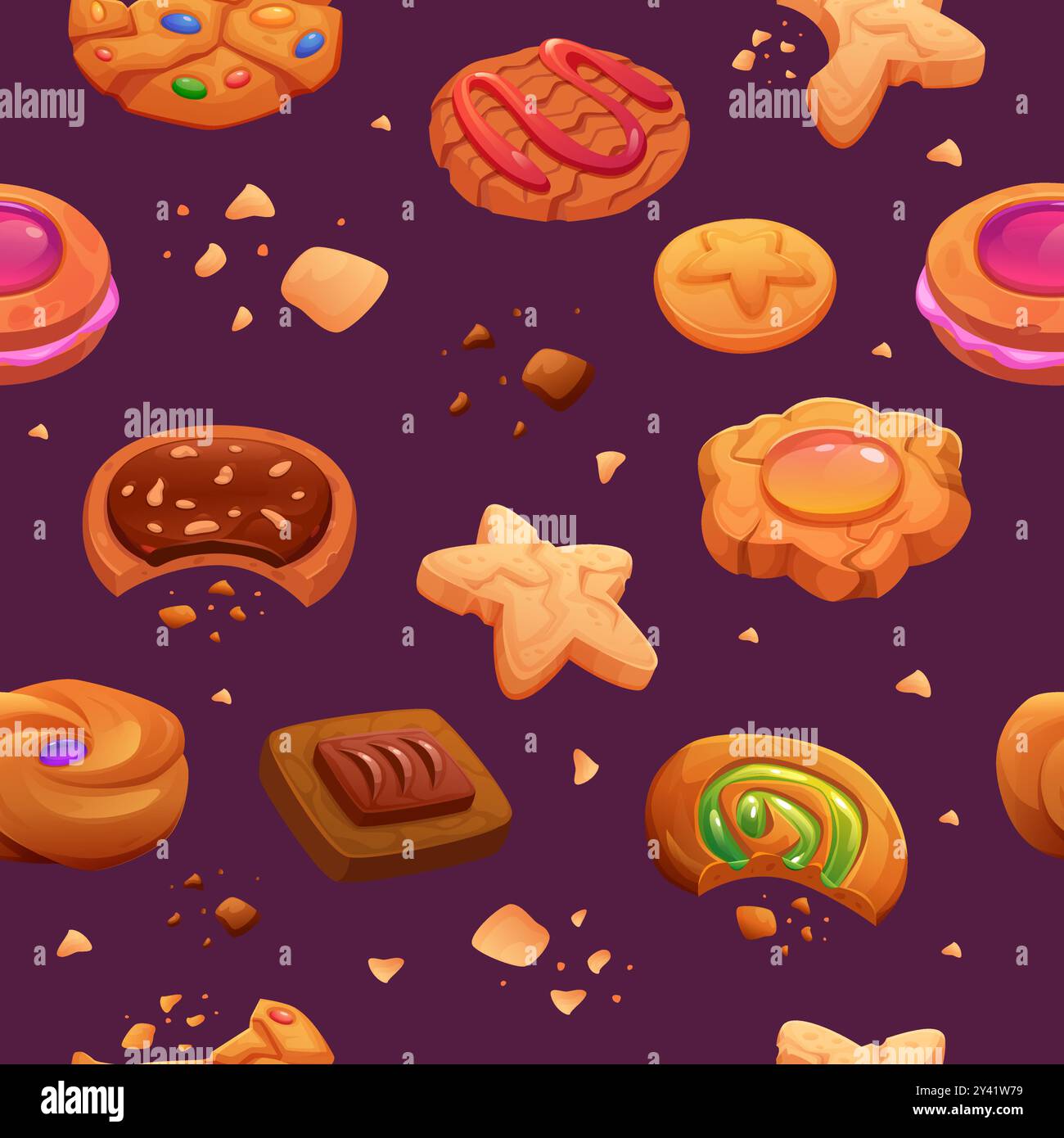 Cookies-Muster. Nahtloser Hintergrund mit verschiedenen Cookies Stock Vektor