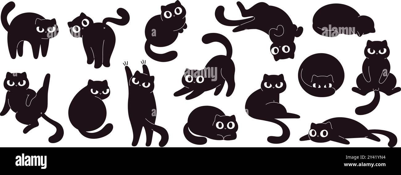 Lustige schwarze Katzen. Isolierte verrückte Katze in verschiedenen Posen. Süßes Kätzchen, wütend jagen, das Schlafen und Waschen versteckt. Kinder Aufkleber rassige Vektor Clipart Stock Vektor