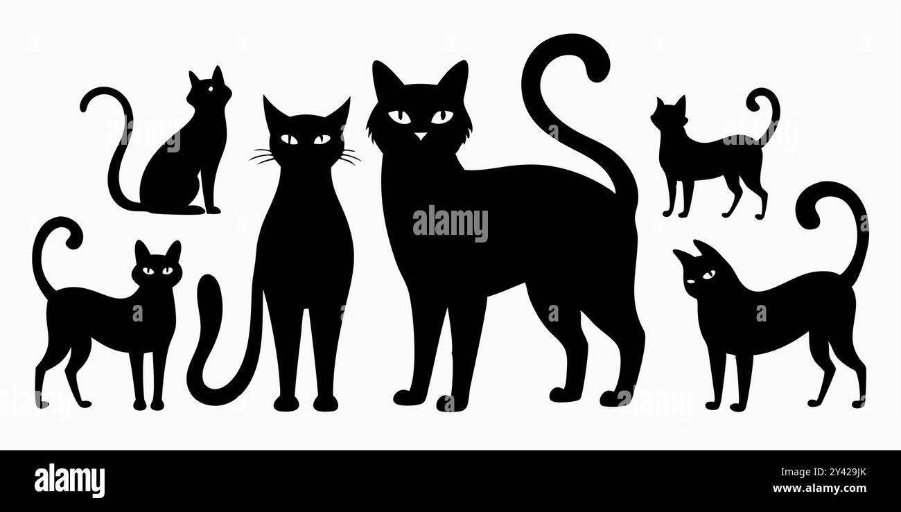 Eine Kollektion von sechs schwarzen Katzensilhouetten in verschiedenen Posen, die perfekt geeignet sind, um Ihren Designs einen Hauch von Laune und Charme zu verleihen. Stock Vektor
