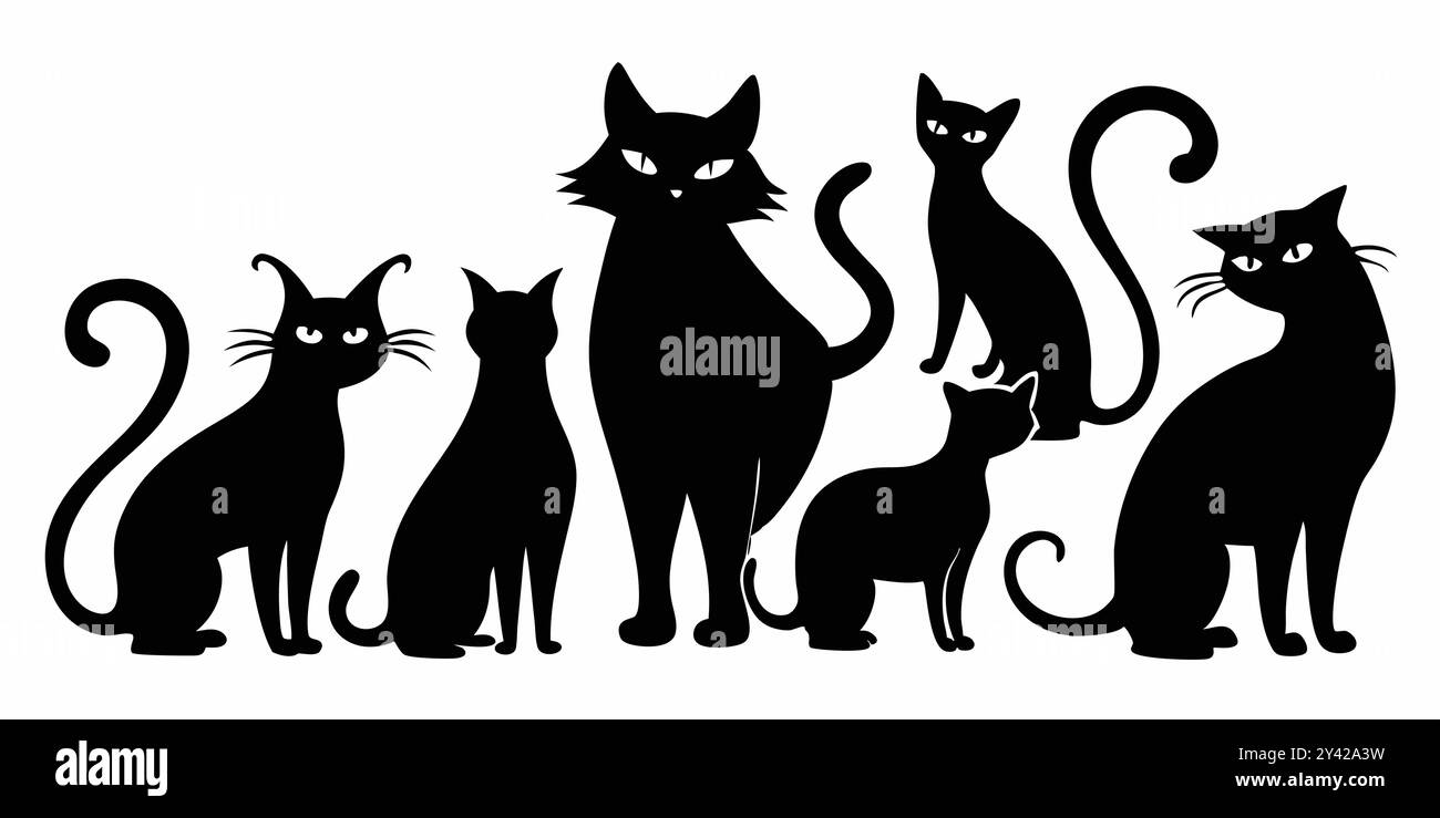 Eine Sammlung von sechs schwarzen Katzen in verschiedenen Posen, perfekt, um Ihren Projekten einen Hauch von Katzenspaß zu verleihen. Stock Vektor