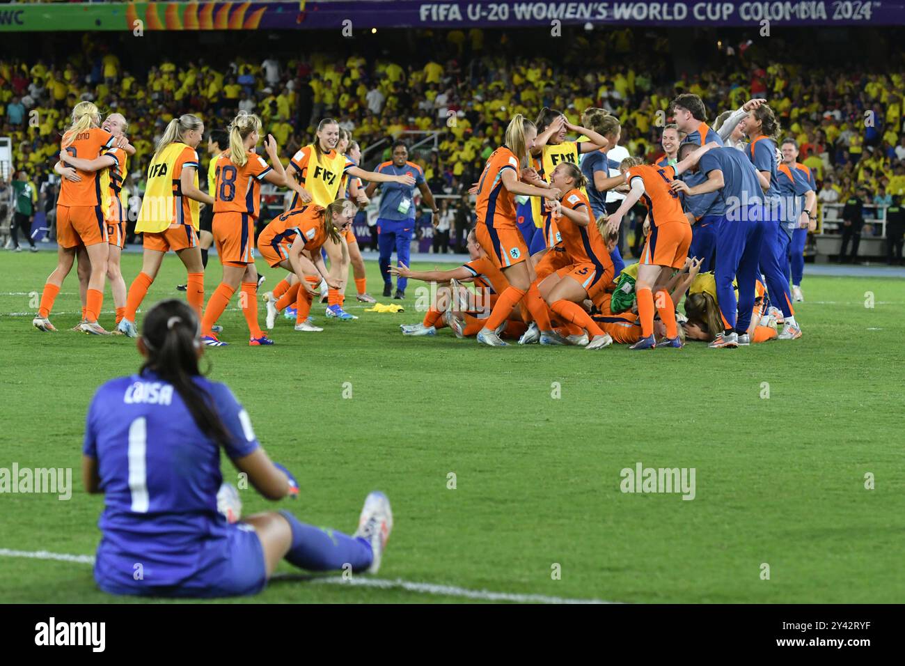 Cali, Kolumbien. September 2024. Olympiastadion Pascual Guerrero die Spieler der Niederlande feiern die Qualifikation nach dem Spiel zwischen den Niederlanden und Kolumbien für das Viertelfinale der FIFA U-20-Frauen-Weltmeisterschaft Kolumbien 2024 im Olympiastadion Pascual Guerrero am 15. Sonntag 30761 (Alejandra Arango/SPP). /Alamy Live News Stockfoto