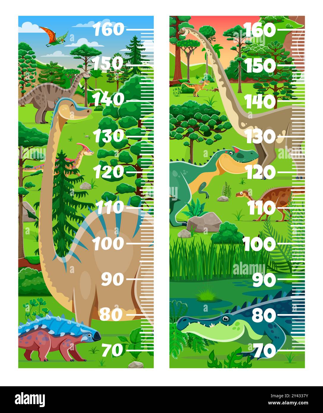 Kinderhöhenrecherchen mit Dinosauriern in einer verspielten prähistorischen Landschaft. Vektorwachstumsmesser, Wandaufkleber für Kinder Höhenmessung mit lustigen Dino-Zeichen und Stadiometerskala Stock Vektor