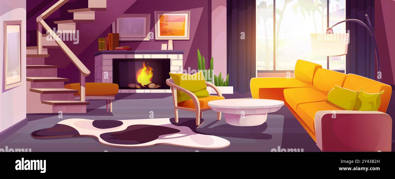 Gemütliches, helles Wohnzimmer. Cartoon-Haus oder Hotel moderne Halle innen mit gelbem Sofa und Sessel, Treppe zum zweiten Stock und Kamin, Tisch- und Stehlampe, Bilder an Wand und Hauspflanze. Stock Vektor
