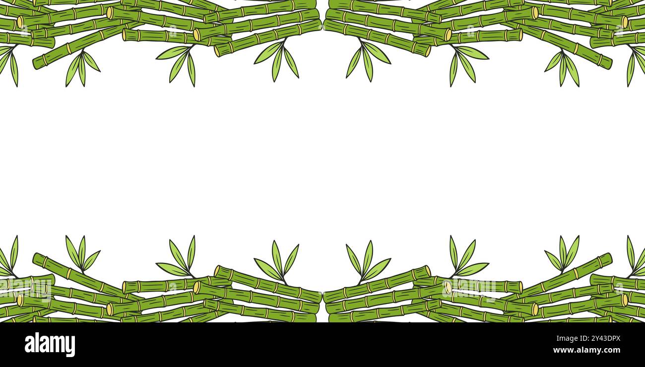 Bambusrahmen, horizontales Banner mit grünen Stäben, handgezeichnete Bambuskritzeleien auf weißem Hintergrund. Vektorabbildung Stock Vektor