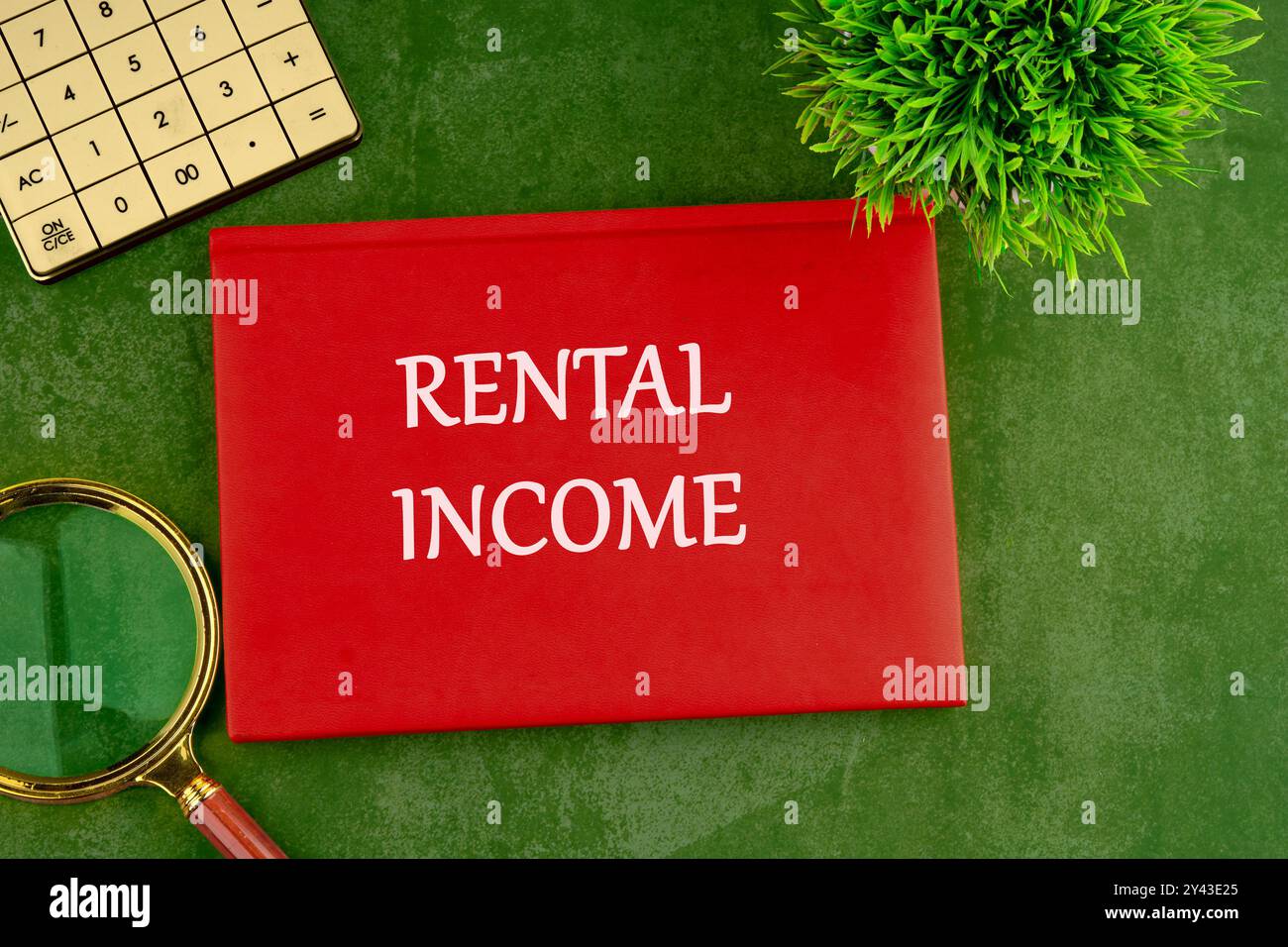 Wirtschaft und Geschäftskonzept. Die Inschrift MIETEINNAHMEN auf dem roten Buch, Geschäft auf grünem gesättigtem Hintergrund Stockfoto