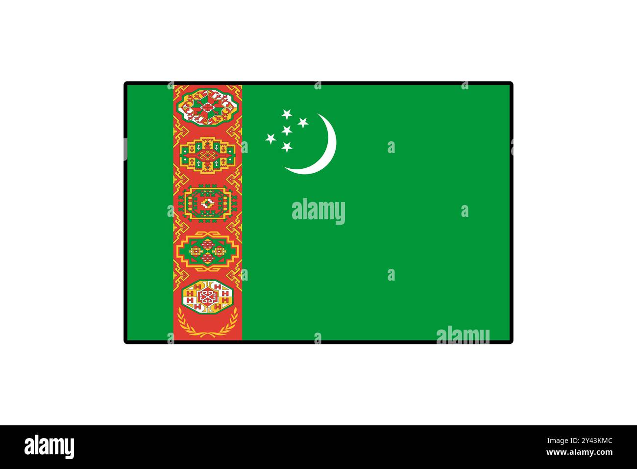 Die Nationalflagge Turkmenistans zeigt ein lebhaftes grünes Feld mit einem roten vertikalen Streifen, der mit komplizierten Teppichmustern verziert ist, und einen Halbmond neben fünf Sternen, der die Nation symbolisiert. Stock Vektor