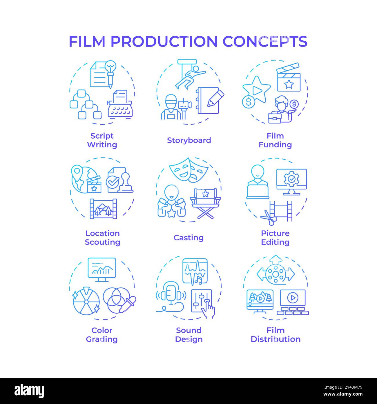 Symbole für mehrfarbige Filmproduktion Stock Vektor