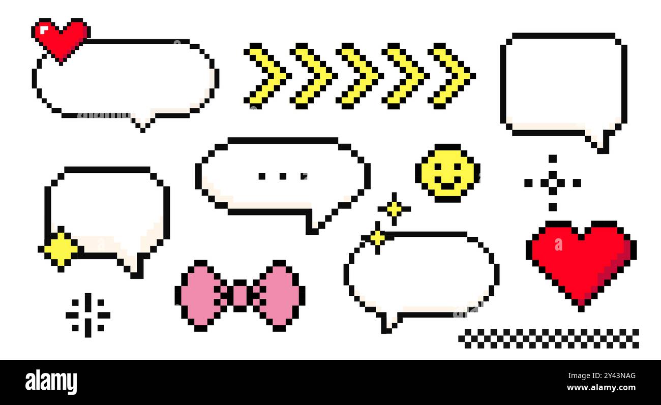 Set von Pixel Art Cloud Bubble Zitatbox Sprachblase Dialog Retro 8 Bit Arcade Game Interface, Manga. Comic-Chat-Rectange Pixel-Elemente, Pfeil, Stern, Herz. Vektorabbildung Stock Vektor