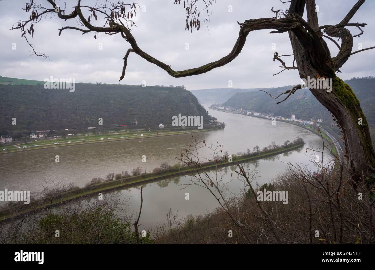 Die Loreley, steiler Schieferfelsen am Rhein in der Rheinschlucht bei Sankt Goarshausen, Teil des Oberen Mittelrheintals UNESCO Worl Stockfoto