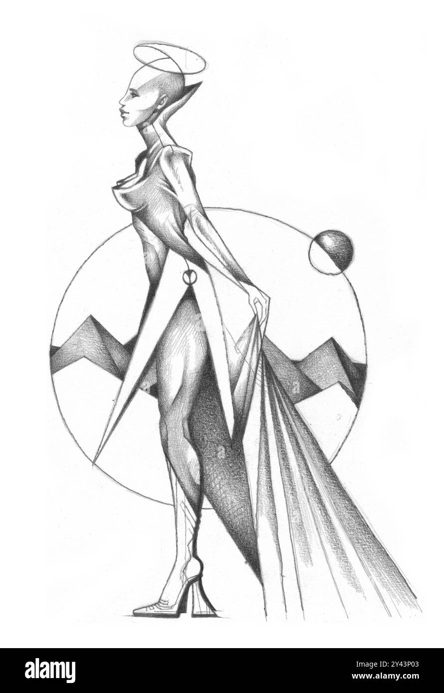 Das Bild zeigt eine futuristische weibliche Figur mit geometrischem Outfit und surrealem Hintergrund. Stockfoto
