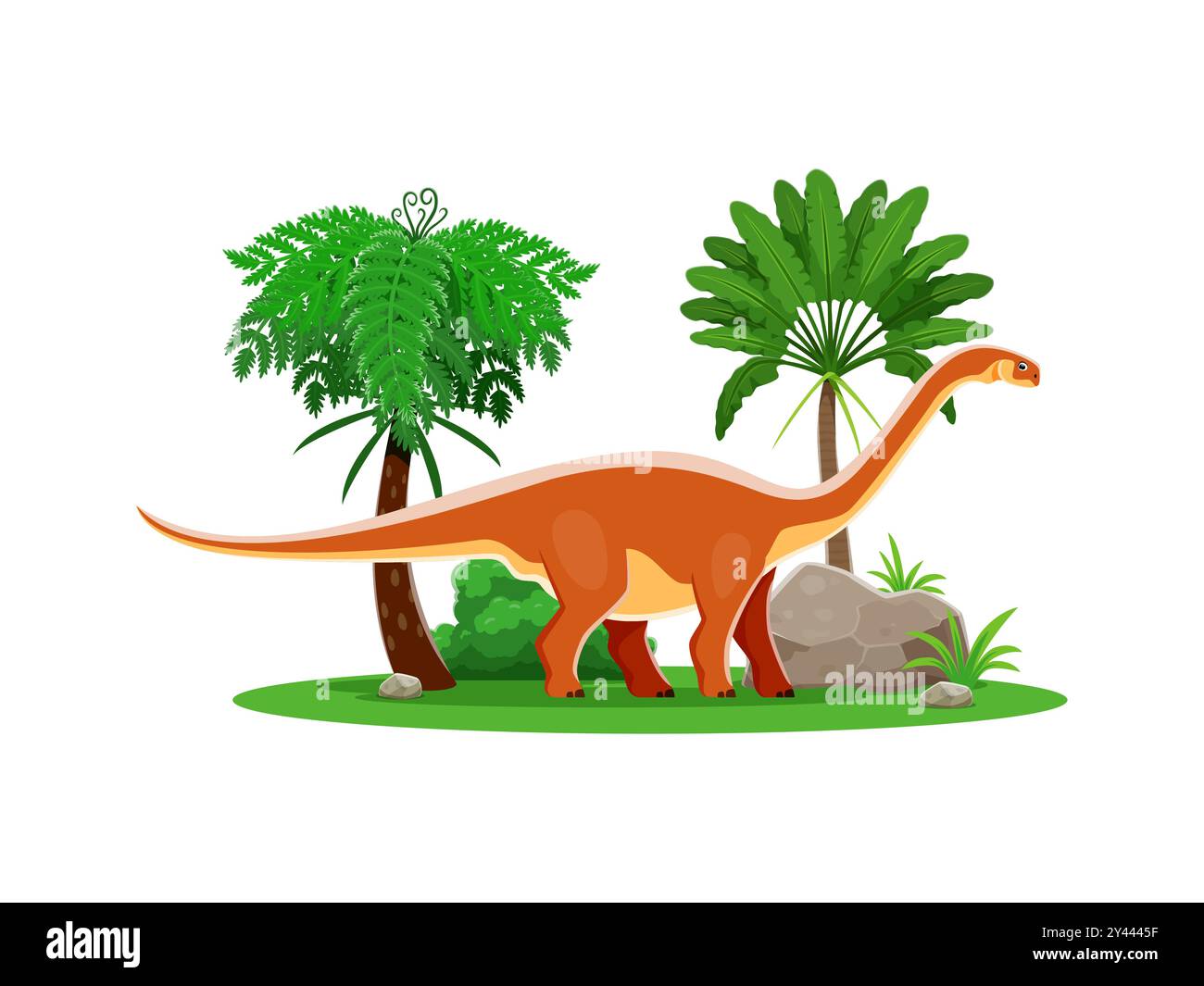 Cartoon Dinosaurier, prähistorischer Charakter von Cetiosaurus im Dschungel Wald, Vektor Jurassic Echse. Lustige Dinosaurierfigur oder Cetiosaurus Dino mit Kinderspielzeugidee oder Reptil aus der Vorgeschichte Stock Vektor