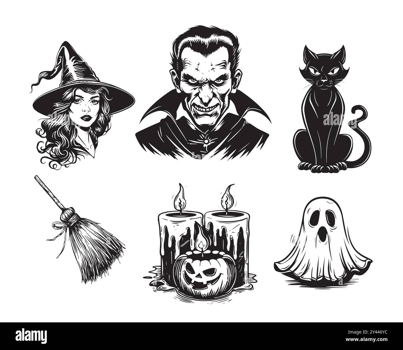 Horror-Set mit Halloween-Kritzelaufklebern und Skizzen-Set. Handgezeichnete Happy halloween Grußkarte Vorlage. Handgezeichnetes halloween-Symbol-Set. Halloween Party Stock Vektor