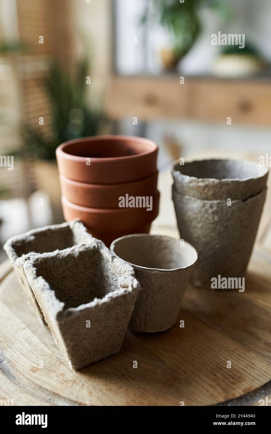 Tontöpfe auf dem Tisch im Studio. Stockfoto