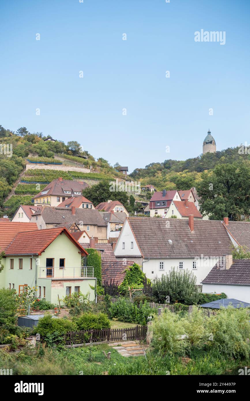 Blick über Häuser und Dächer in Richtung des Turms Dicker Wilhelm (Fat William), alias Bergfried an einem klaren sonnigen Tag in Freyburg, Sachsen-Anhalt, Deutschland Stockfoto