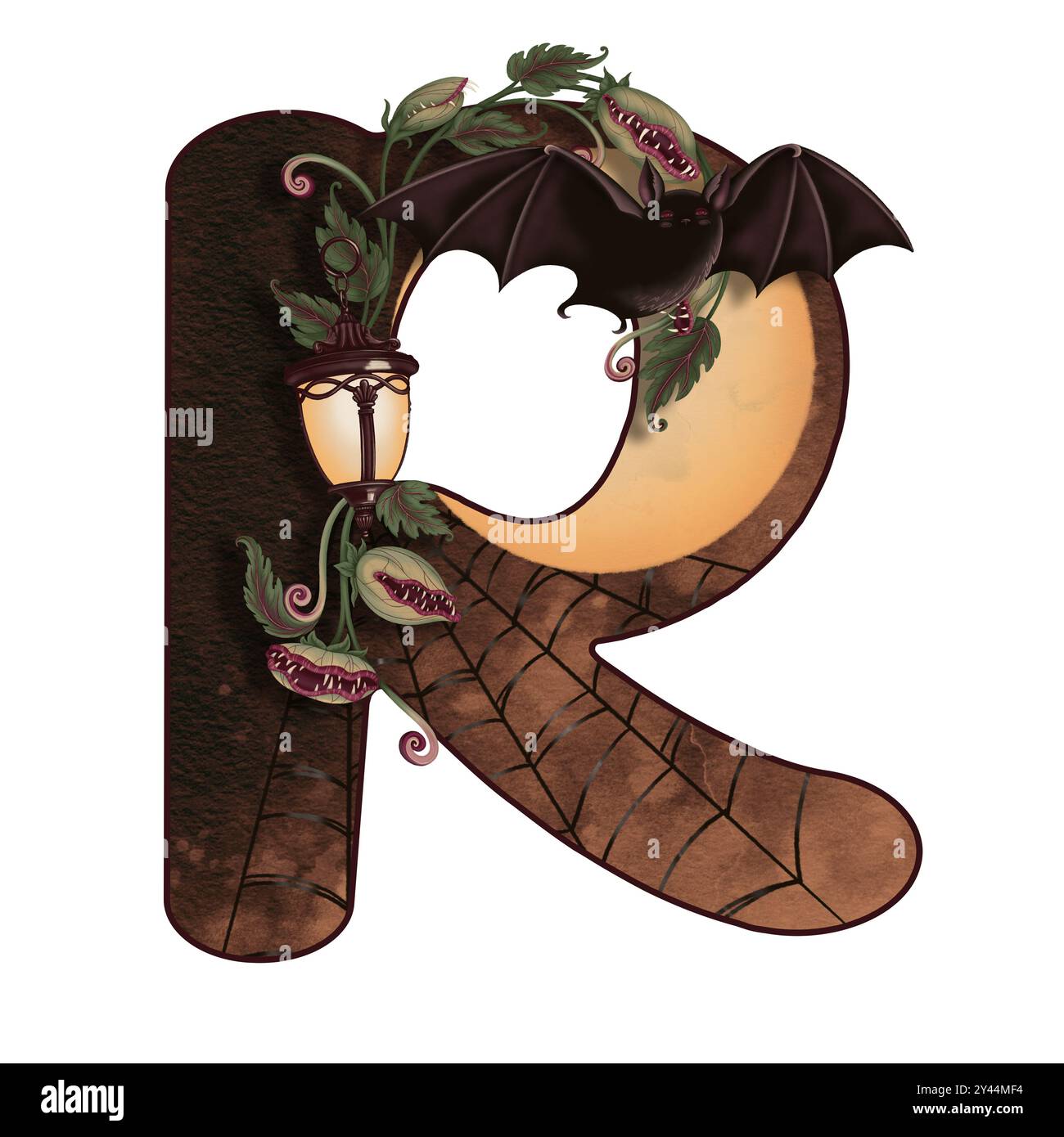Letter R Halloween-Kritzelillustration mit Fledermaus und Mond im Cartoon-Stil. Handgezeichnetes dunkelbraunes Alphabet. Isolierte Zeichnung perfekt für Herbstschriftarten Stockfoto