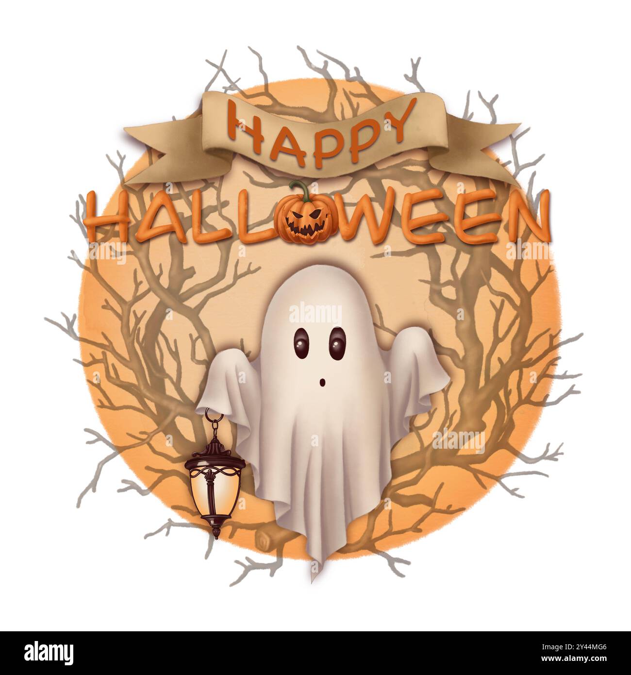 Fröhliche Halloween-Komposition mit niedlichem Geist und gelbem Mond im Cartoon-Stil. Handgezeichnete runde dunkle Illustration. Isolierte Zeichnung perfekt für den Herbst Stockfoto