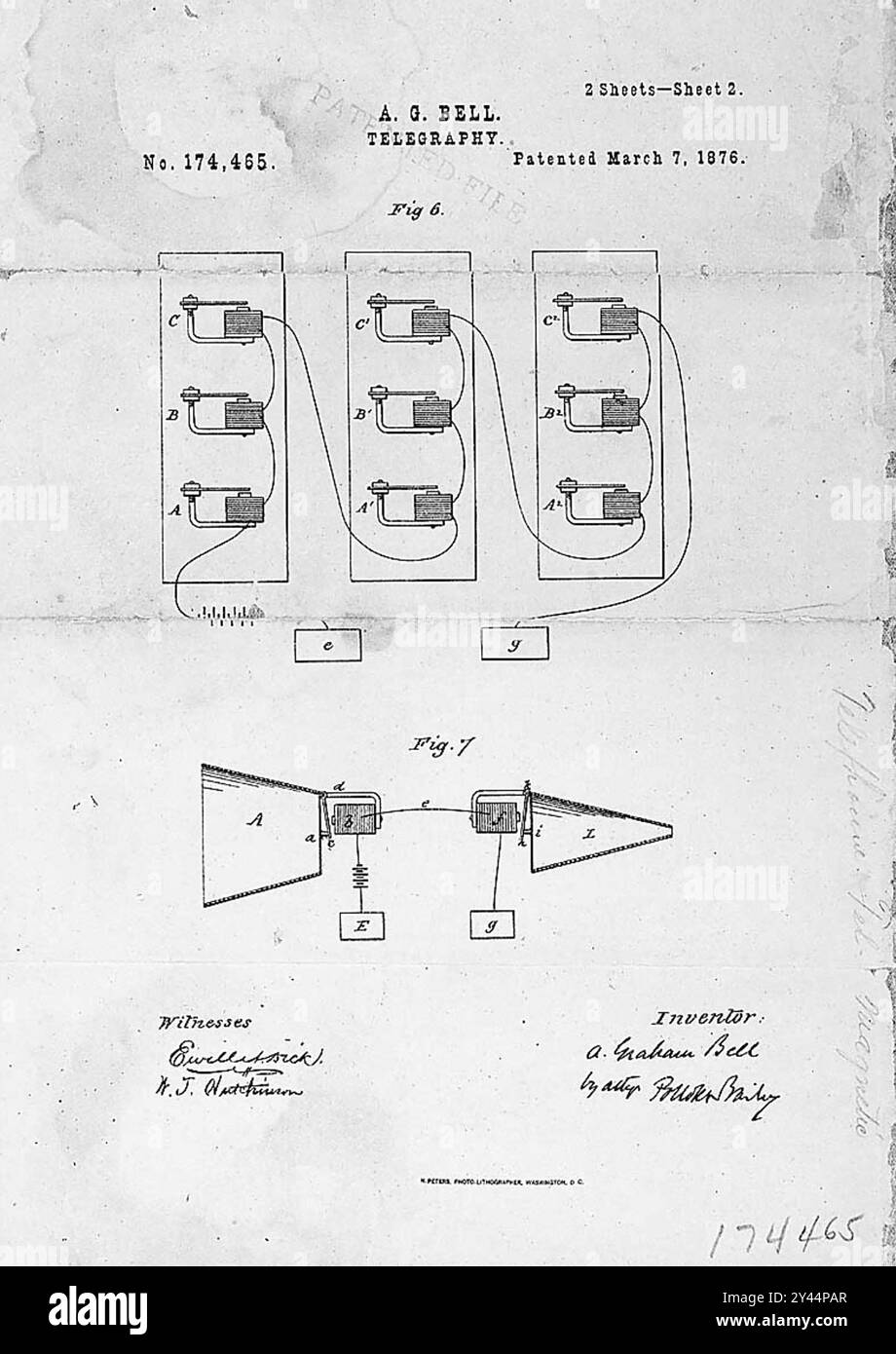 ALEXANDER GRAHAM BELL 1847–1922) kanadisch-amerikanischer Erfinder. Telefonpatentzeichnung 7 mrach 1876 Stockfoto