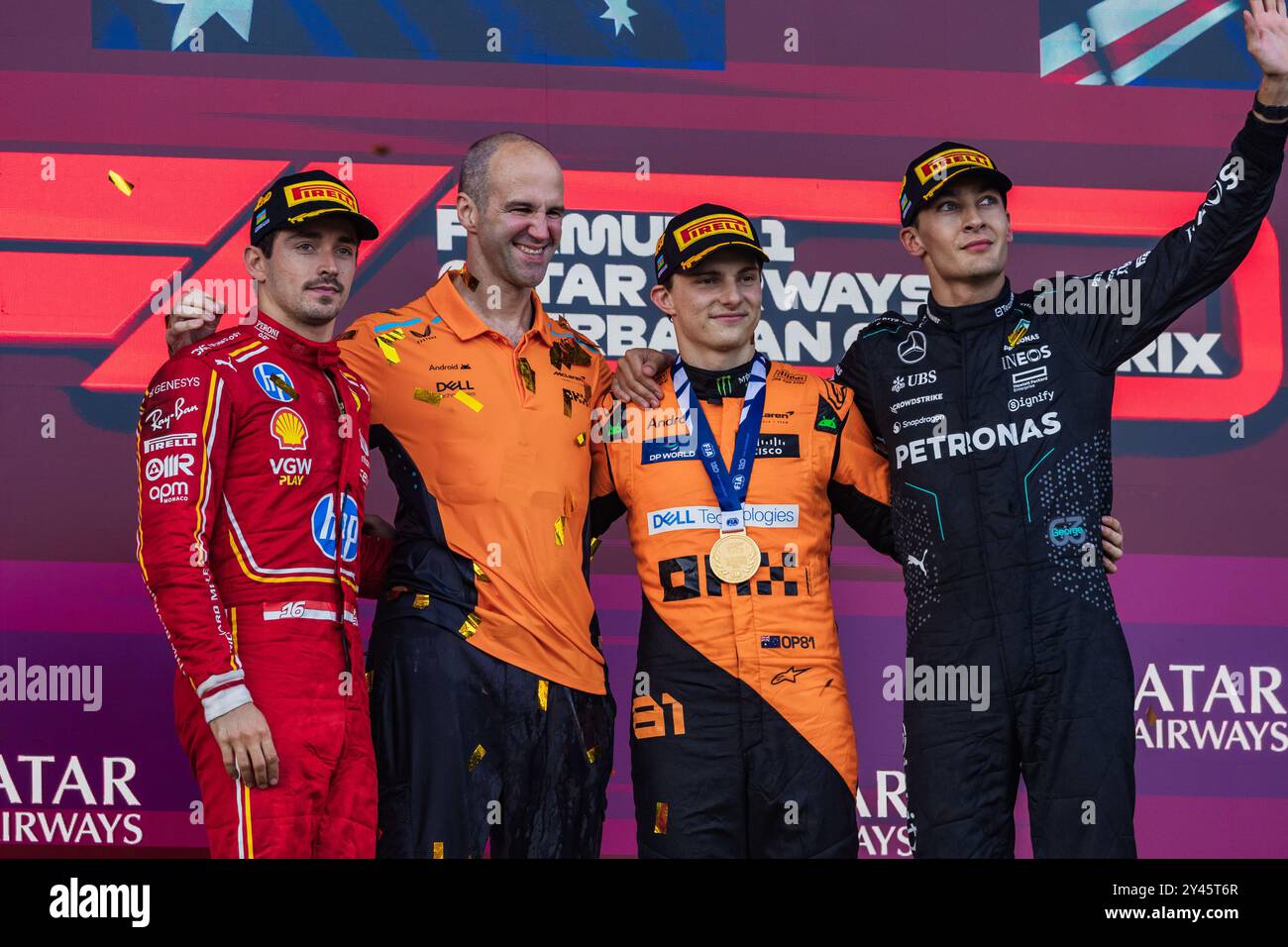 Baku City Circuit, Baku, Aserbaidschan. 15.September 2024; Oscar Piastri, Charles Leclerc und George Russell auf dem Podium während des Grand Prix von Aserbaidschan Credit: Jay Hirano/AFLO/Alamy Live News Stockfoto