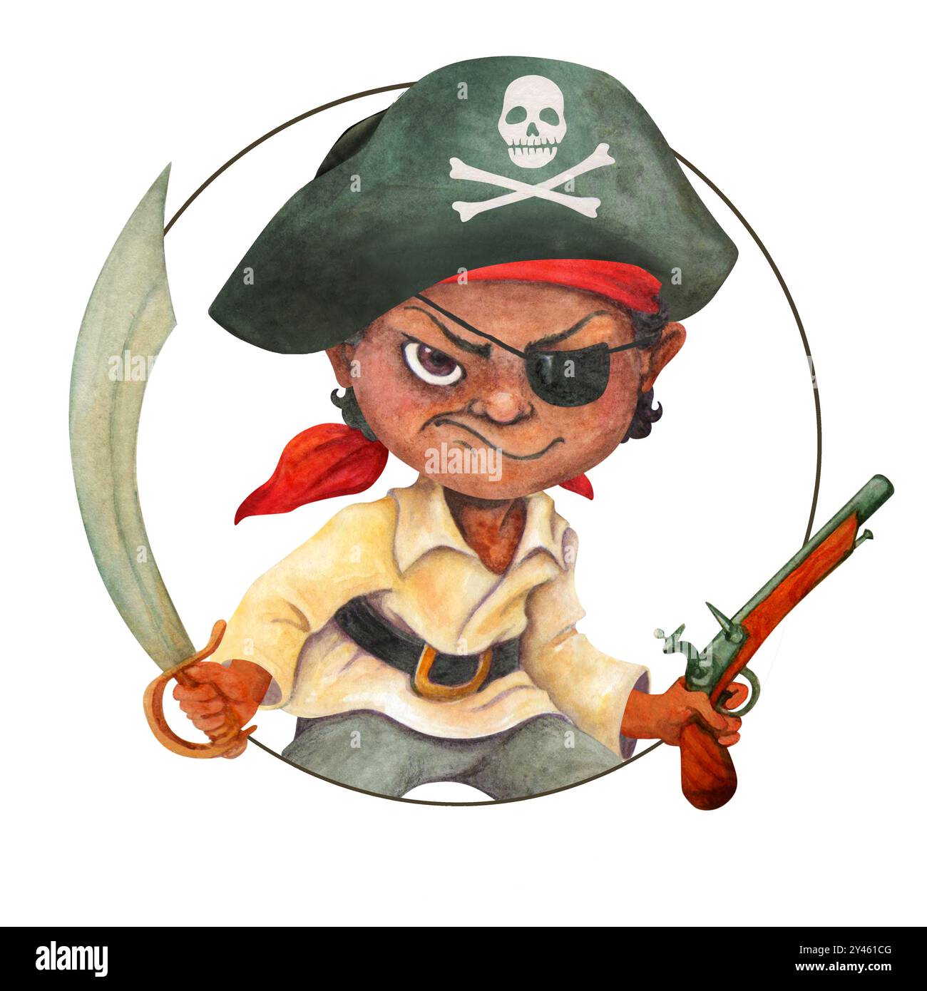 Dekoration für Piratenpartys. Isoliertes Porträt im Kreis des dunkelhäutigen Korsarjungen im Piratentricorne. Aquarell-Clipart für Etikett, Aufkleber, T-Shirt Stockfoto