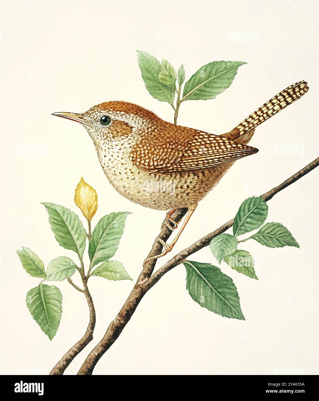 Aquarellmalerei. Eine detaillierte Darstellung eines Wren, der auf einem grünen Zweig ruht. Stockfoto