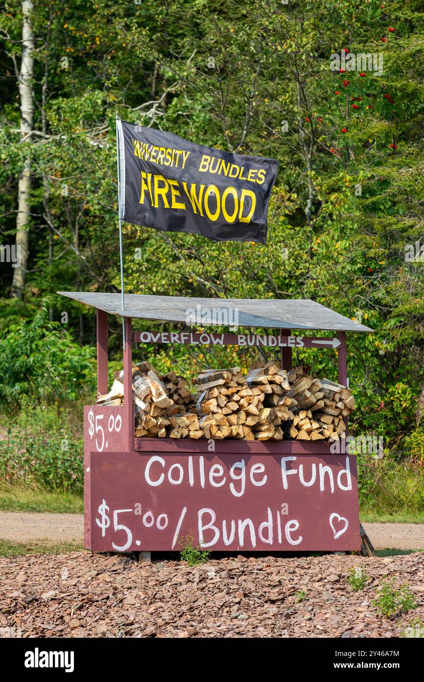 Roadside Firewood Stand sammelt Geld für einen College Fund entlang der North Shore of Lake Superior, Minnesota. Stockfoto