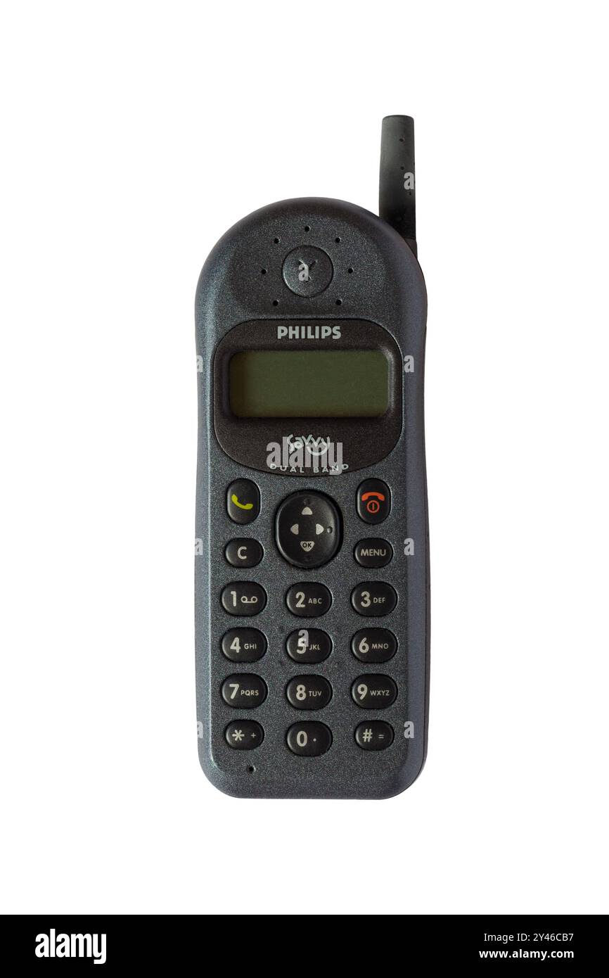 Altes Philips Savvy Mobiltelefon, Mobiltelefon, isoliert auf weißem Hintergrund Stockfoto