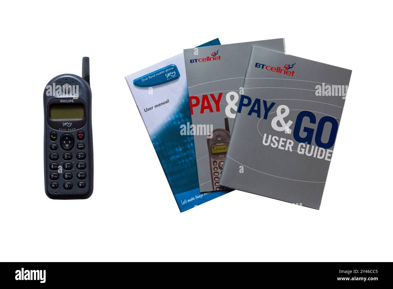 Altes BT Cellnet Pay & Go Philips Savvy Mobiltelefon, Mobiltelefon, mit Benutzerhandbuch Broschüren Bücher isoliert auf weißem Hintergrund Stockfoto
