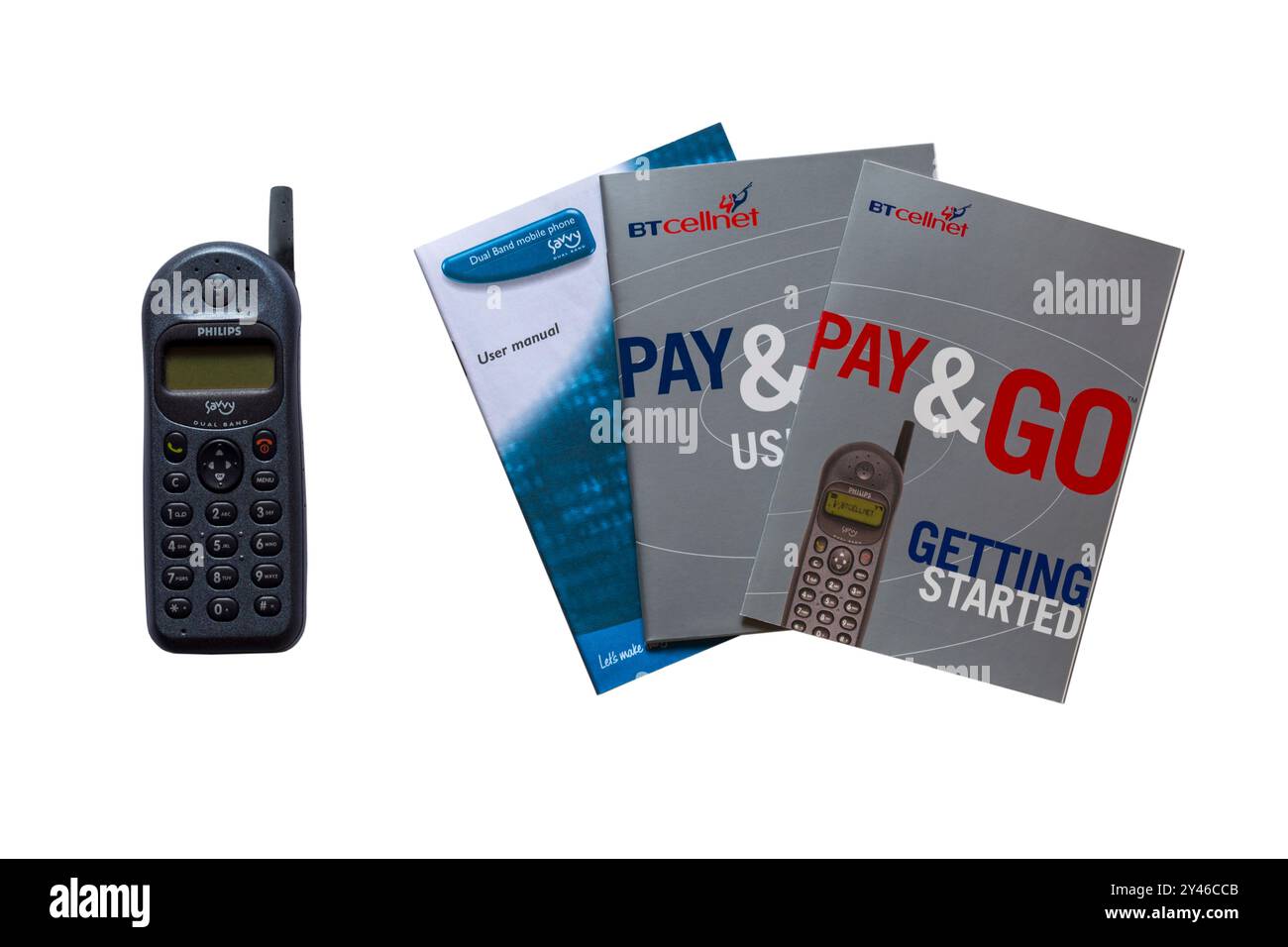 Altes BT Cellnet Pay & Go Philips Savvy Mobiltelefon, Mobiltelefon, mit ersten Schritten Broschüren Bücher isoliert auf weißem Hintergrund Stockfoto