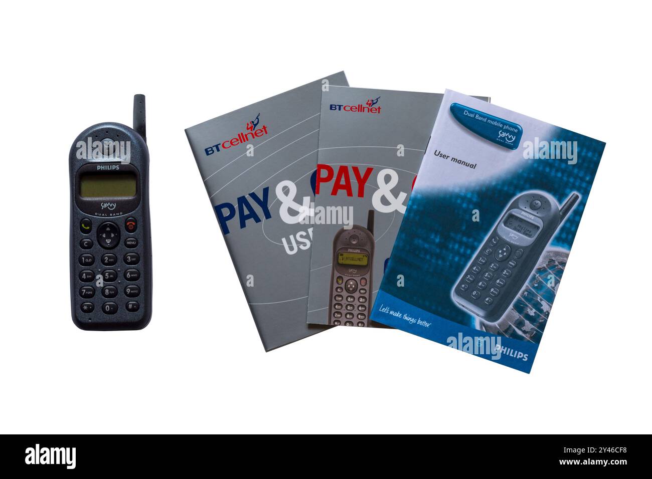 Altes BT Cellnet Pay & Go Philips Savvy Mobiltelefon, Mobiltelefon, mit Benutzerhandbuch Broschüren Bücher auf weißem Hintergrund Stockfoto