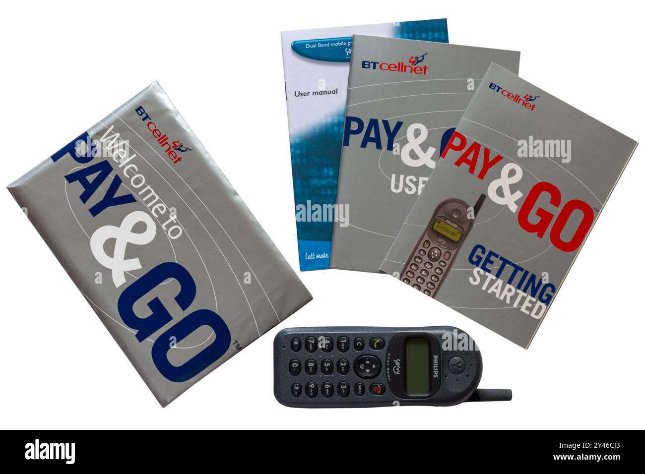 Altes BT Cellnet Pay & Go Philips Savvy Mobiltelefon Mobiltelefon mit Getting Started und Welcome to Pay & Go Broschüren Bücher isoliert auf weißem Hintergrund Stockfoto