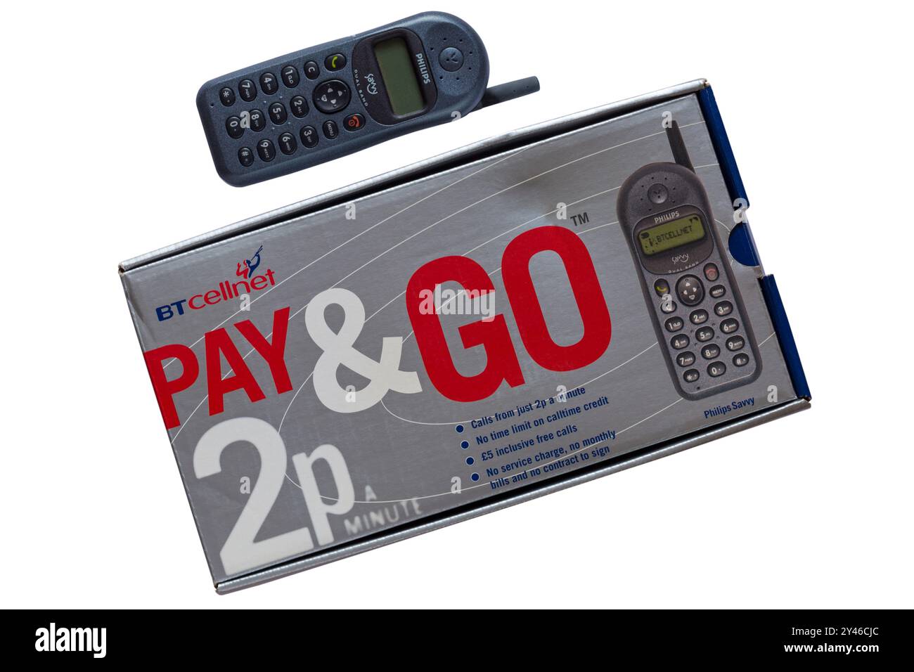 Altes BT Cellnet Pay & Go Philips Savvy Mobiltelefon, Mobiltelefon, mit Verpackung isoliert auf weißem Hintergrund Stockfoto