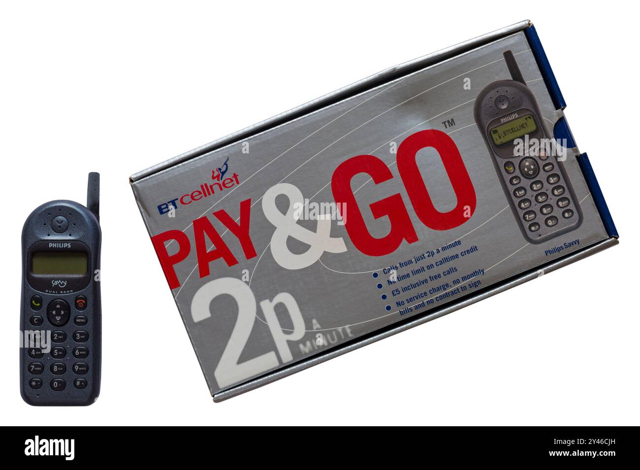 Altes BT Cellnet Pay & Go Philips Savvy Mobiltelefon, Mobiltelefon, mit Verpackung isoliert auf weißem Hintergrund Stockfoto