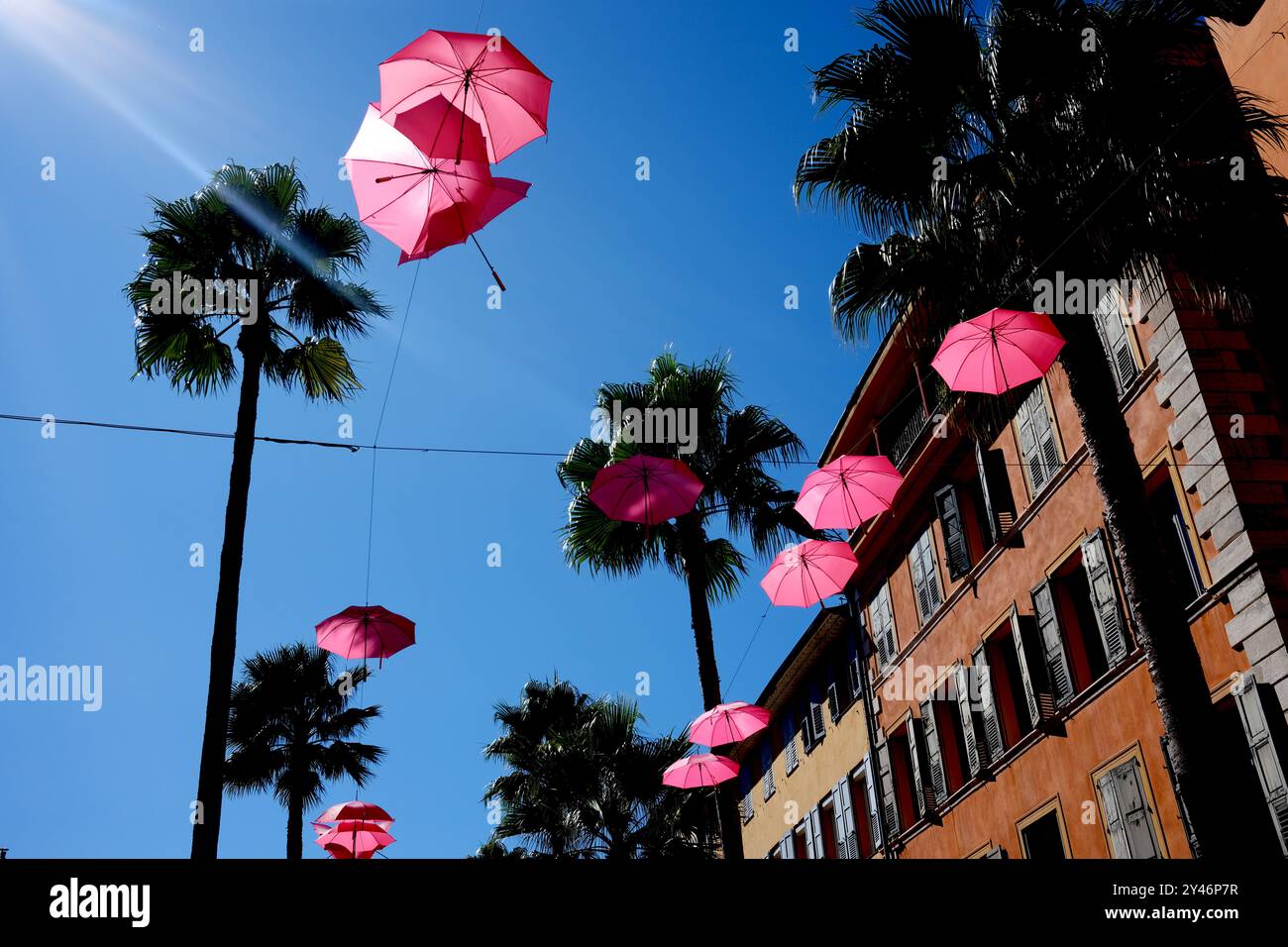 Pinkfarbene Regenschirme schmücken die Straßen von Grasse in Frankreich Stockfoto