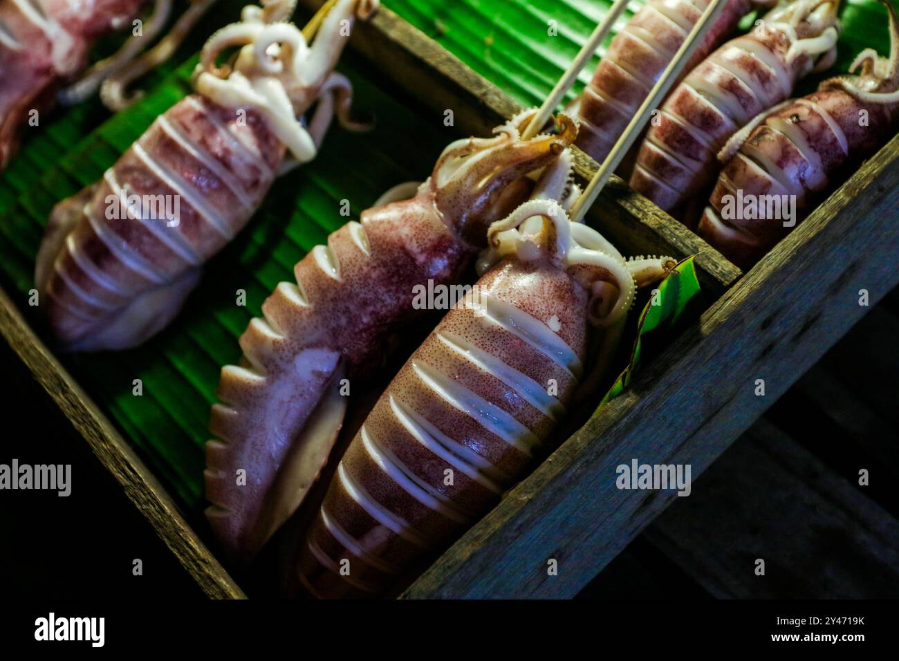 Frisch zubereitetes Calmar auf dem Holzstock auf dem Nachtmarkt in Thailand Stockfoto