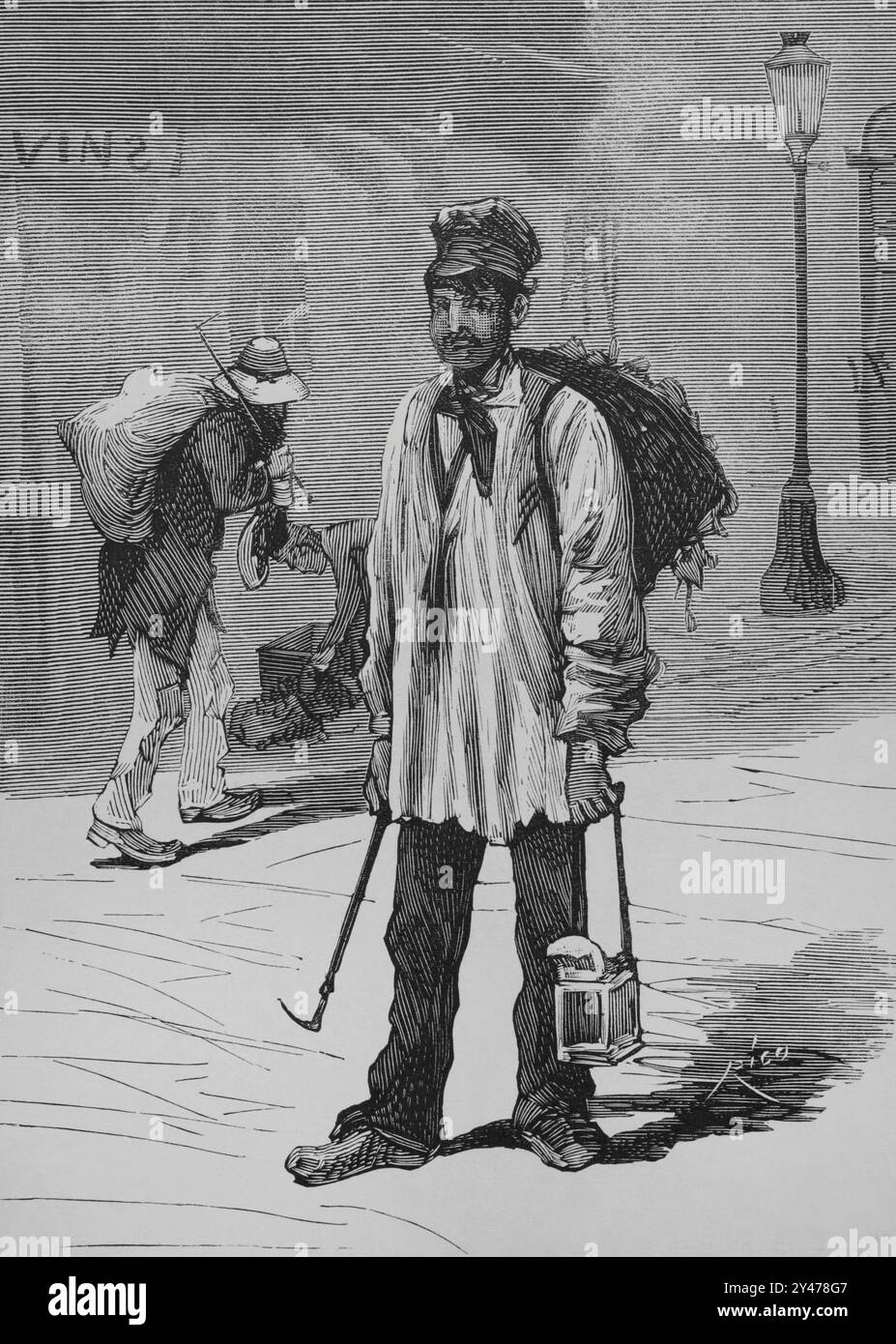 Geschichte Frankreichs. Paris. „Chiffonnier“. Ragpicker, der durch die Straßen der Stadt streifte, auf der Suche nach Kleidung und allerlei Utensilien, die die Leute entsorgten, um sie später zu verkaufen. Stich von Bernardo Rico (1825-1894). La Ilustración Española y Americana (die spanische und amerikanische Illustration), 15. Februar 1884. Stockfoto