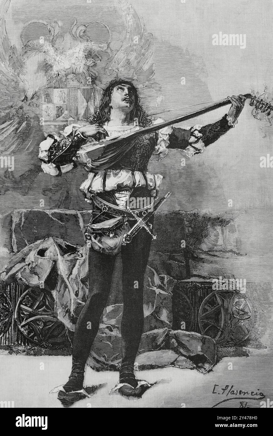 Ein Troubadour. Stich nach einem Aquarell des spanischen Malers Casto Plasencia (1846-1890). La Ilustración Española y Americana (die spanische und amerikanische Illustration), 30. April 1884. Stockfoto