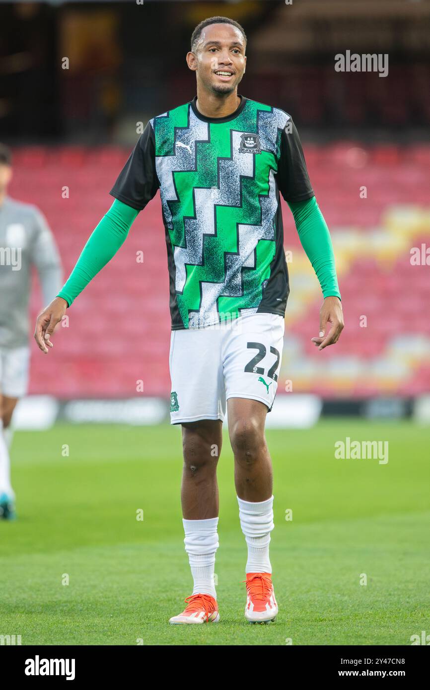 Brendan Gallowaymacht sich bereit für das EFL Cup Spiel zwischen Watford und Plymouth Argyle 27/08/24 Stockfoto