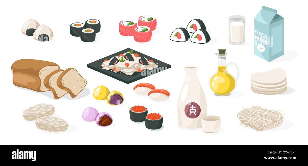 Reisprodukte und Lebensmittel. Flache traditionelle asiatische Reisgerichte und Zutaten, Cartoon-Basmati-Jasmin-Wildreis. Vektor-isolierter Satz. Stock Vektor