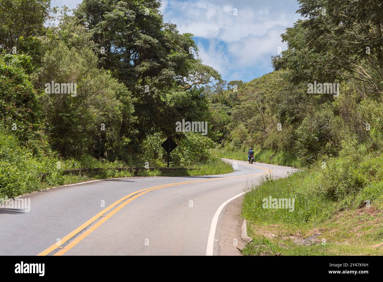 Cunha - Paraty Road. Ehemaliger Golden Path oder Royal Road (Estrada Real). Kurve aus Betonsteinen. Tropische Vegetation der Bocaina Mountains. Stockfoto