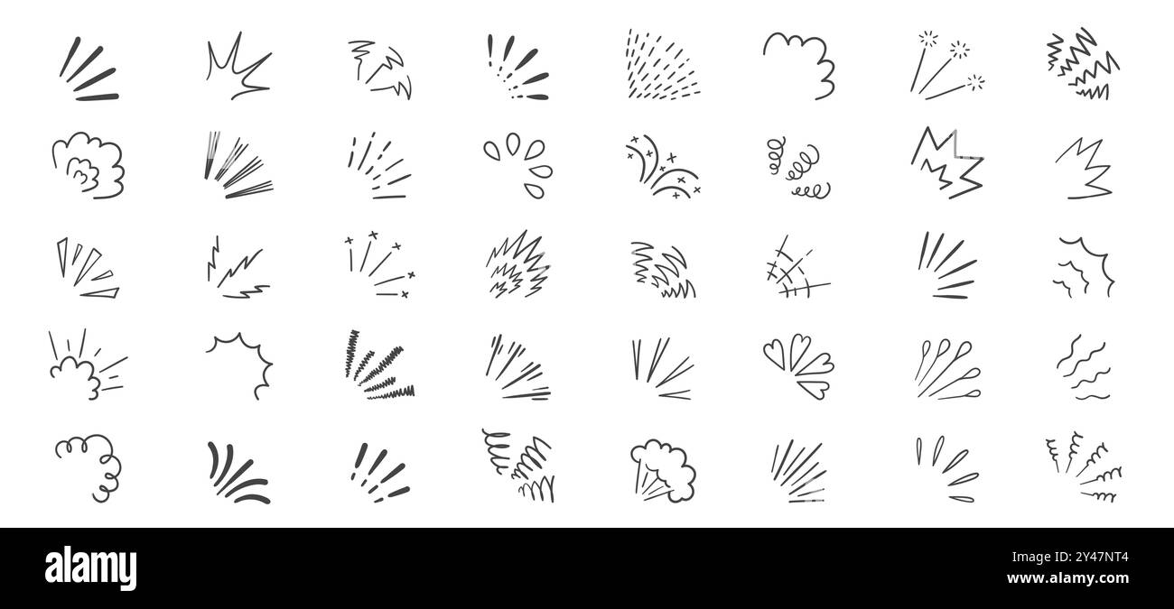 Kritzelnde Linienstrahlen. Abstraktes radiales Sonnenlicht funkenexplosionsgefährdete Elemente. Hand gezeichnete Sonne Burst Glitzer Vektor-Kollektion. Stock Vektor